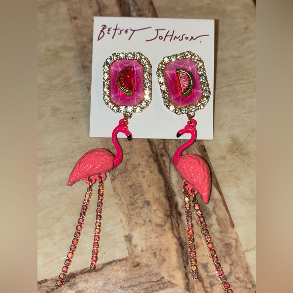 NWT Betsey Johnson Pink Flamingo Watermelon Statement Earrings Rhinestone Drop